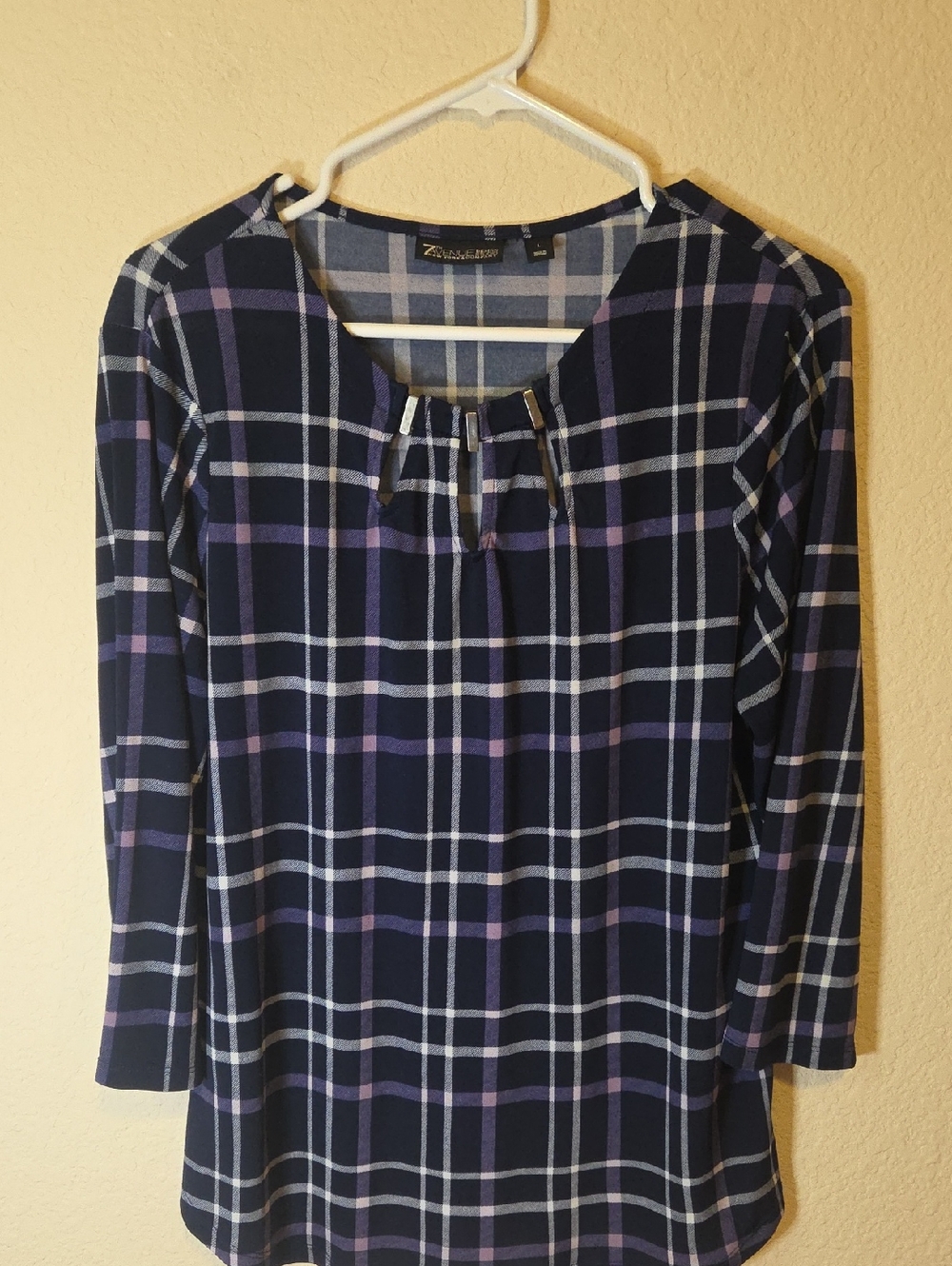 Navy and Purple Plaid Qtr Long Sleeve Women's Top